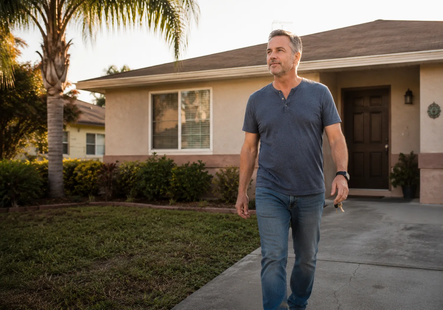 Gulf Coast Homeowner Selling House Fast Gulf Coast Florida homeowner standing outside home after selling house fast